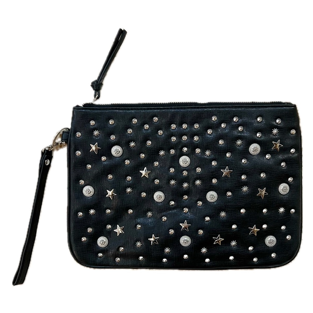 Edgy black leather + metal stud clutch / wristlet